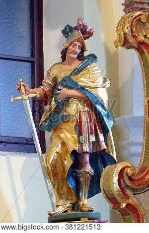 KLANJECKO JEZERO, CROATIA - NOVEMBER 06, 2013: Saint Martin, statue on high altar in chapel of Saint George at the Lake in Klanjecko Jezero, Croatia