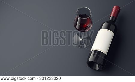 Elegant glass and bottle of red wine wink blank label on gray background. Wine bottle mockup template. 3d rendering