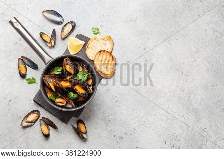 Traditional seafood mussels in wine sauce and baguette toasts. Top view flat lay with copy space