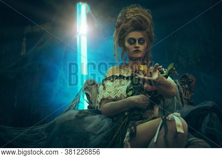 Evil dead empress in the old abandoned castle. Ghost in the castle. Vintage style. Halloween. 