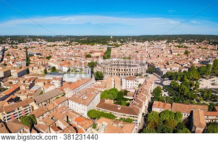 Nimes Arena Aerial Panoramic View. Nimes Is A City In The Occitanie Region Of Southern France