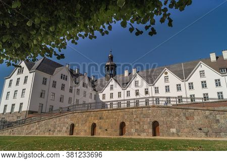 Beautiful Panorama View Of The Historic White Castle In Plon, Germany.