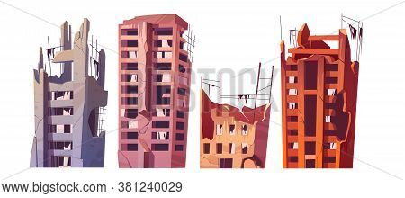Destroyed City Buildings After War Or Natural Disaster. Vector Cartoon Set Of Abandoned Broken House