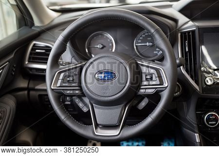 Russia, Izhevsk - August 13, 2020: Subaru Showroom. Interior Of New Modern Car Subaru Forester. Famo