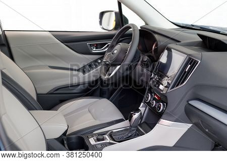 Russia, Izhevsk - August 13, 2020: Subaru Showroom. Interior Of New Modern Car Subaru Forester With 