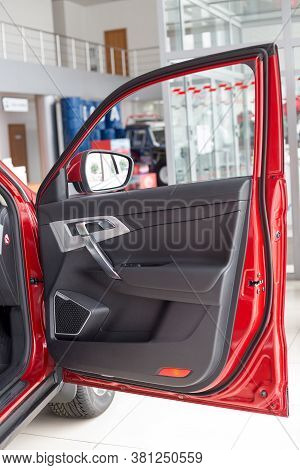 Russia, Izhevsk - August 14, 2020: Geely Showroom. Details Door New Modern Atlas Car. Car Manufactur