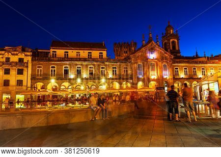 Braga, Portugal - July 12, 2014: Republic Square Or Praca Da Republica In Braga, Portugal At Night
