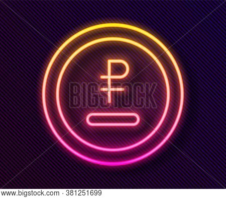Glowing Neon Line Rouble, Ruble Currency Coin Icon Isolated On Black Background. Russian Symbol. Vec