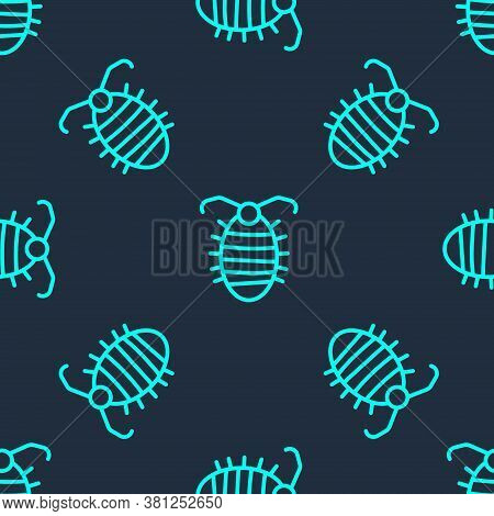 Green Line Larva Insect Icon Isolated Seamless Pattern On Blue Background. Vector