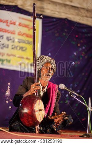 Hampi, India - February 20, 2012: Unidentified Musicians Playing Traditional Indian Music In Hampi I