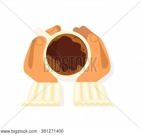 Human Hands Are Holding Hot Cup Of Coffee Top View. Coffee Time Concept Isolated On White Background