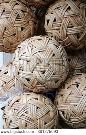 Rattan Ball Hanging In A Bunch, It Is A Local Sport Of Southeast Asian People. In Myanmar Called 