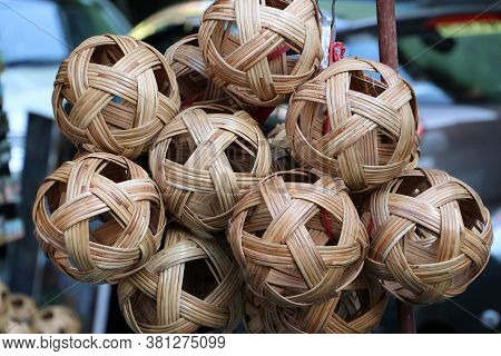 Rattan Ball Hanging In A Bunch, It Is A Local Sport Of Southeast Asian People. In Myanmar Called 
