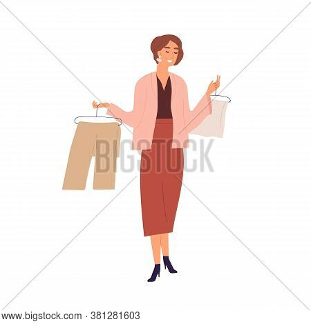 Smiling Female Professional Stylist Offering Clothing During Shopping Vector Flat Illustration. Happ