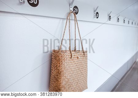 Ecology Living Zero Waste And Sustainable Concept, Straw Natural Material Women Hand Bag Hanging On 