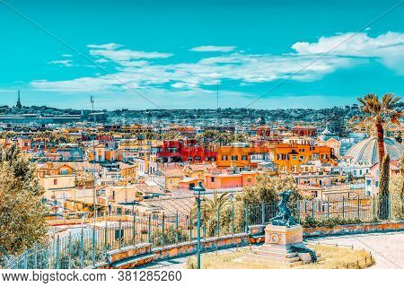 Beautiful Landscape View Of Rome, Or His Called Eternal City From Terrazza Del Pincio. Italy.