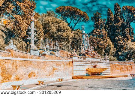 Fountain Of Rome's Goddess And Terrace De Pincio (terrazza Del Pincio) Near People Square (piazza De