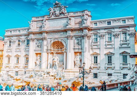 Rome, Italy- May 09, 2017:  Famous And One Of The Most Beautiful Fountain Of Rome - Trevi Fountain (