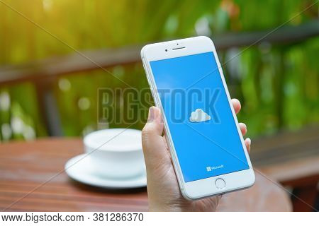 Chiang Mai, Thailand - Aug 1,2020: Woman Holding Iphone 8plus Showingonedrive On Screen. Onedrive Is