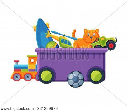 Box With Various Colorful Toys, Plastic Container With Cat On Wheels, Truck, Train, Ball, Scateboard