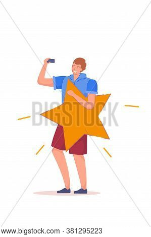 Good Rating. Man Holding Rating Star Taking Selfie By Mobile Camera Standing Isolated On White Backg