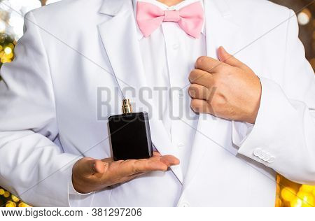 Male Fragrance, Perfumery, Cosmetics. Smell Perfume. Expensive Suit. Rich Man Prefers Expensive Frag