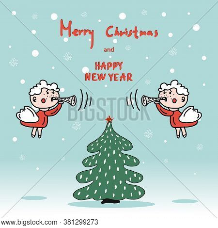 Greeting Christmas And New Year Card With Cute Doodle Characters And Tape Recorder On Background Of 