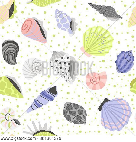 Decoration Seashells Seamless Pattern. Cartoon Sea Conchas, Hand Drawn Shells Of Clam And Oyster, El
