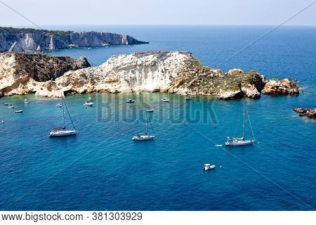 View of the Tremiti Islands. San Domino island, Italy: scenic view of tipycal rocky coastline. Adriatic Sea. Puglia, Italy.