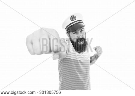 Attack. Punch In Face. Sailor Spirit. Bearded Sailor Isolated On White. Navy And Marine. Sea Adventu