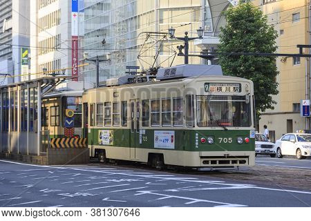 August 5, 2020, Hiroshima, Japan - A Hiroshima Streetcar (hiroden) Run-pass, Through Hondori Street.