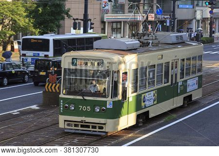 August 5, 2020, Hiroshima, Japan - A Hiroshima Streetcar (hiroden) Run-pass, Through Hondori Street.