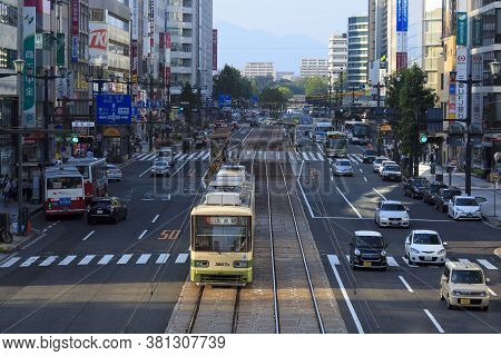 August 5, 2020, Hiroshima, Japan - A Hiroshima Streetcar (hiroden) Run-pass, Through Hondori Street.