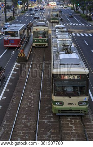 August 5, 2020, Hiroshima, Japan - Hiroshima Streetcars (hiroden) Run-pass, Through Hondori Street.