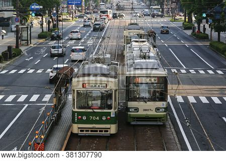 August 5, 2020, Hiroshima, Japan - Hiroshima Streetcars (hiroden) Run-pass, Through Hondori Street.
