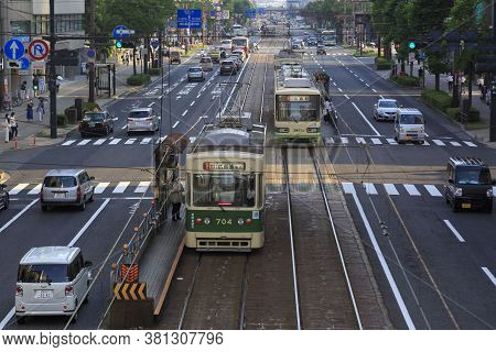 August 5, 2020, Hiroshima, Japan - Hiroshima Streetcars (hiroden) Run-pass, Through Hondori Street.