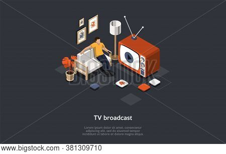 Tv Broadcast, Media And Entertainment Industry Concept. Male Character Relaxes On The Couch After A 