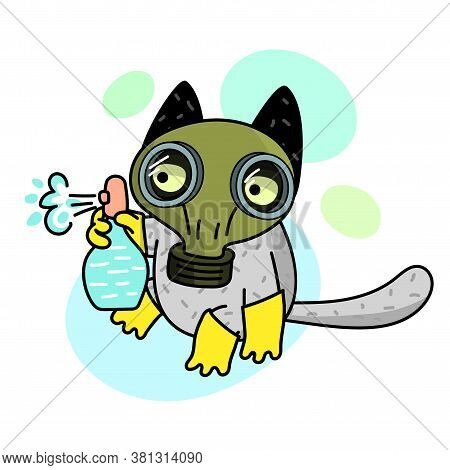 Concept Of Quarantine. Cartoon Cat In Gas Mask And Holds Disinfector.