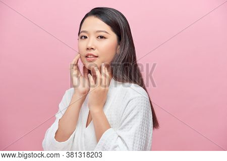 Beautiful Asian Young Woman Touching Soft Cheek Smile With Clean And Fresh Skin Happiness And Cheerf