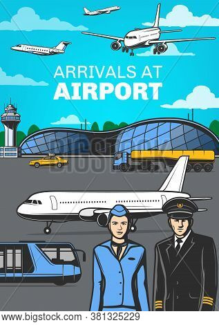 Aviation, Airport With Airplanes And Aircrew Vector Poster. Pilot And Flight Attendant Of Passenger 
