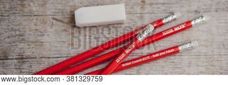Vietnam, Nha Trang, 14.07.2020: Ielts Red Pencils For The English Exam Banner, Long Format