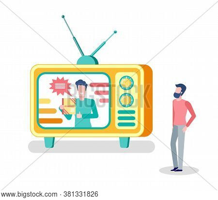 Mass Media Broadcasting, Tv Set And Person Watching Show Vector. Potential Customer, Male Host Promo