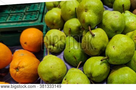 Pear Fruits On Display In Supermarket Gondola In Brazil