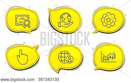 Hand Click Sign. Diploma Certificate, Save Planet Chat Bubbles. Financial Diagram, Settings Gear And