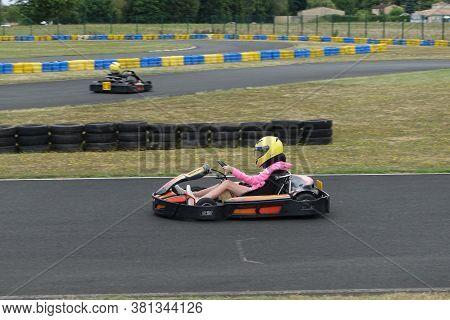 Bergerac, France: July 2020: Go Karts On The Track At Bergerac Karting On The Outskirts Of The Town 