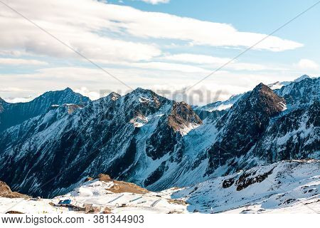 High Rocky Mountain Landscape. Beautiful Scenic View Of Mount. Alps Ski Resort. Austria, Stubai, Stu
