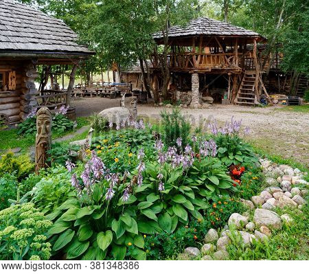 Glubokoe, Belarus - August 5, 2020: Agriturismo Zapavedny Island In The Forest On The Shore Of The L