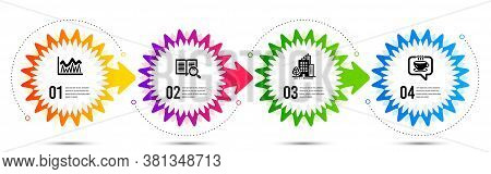 Buildings, Coffee And Investment Icons Simple Set. Timeline Steps Infographic. Search Text Sign. Cit