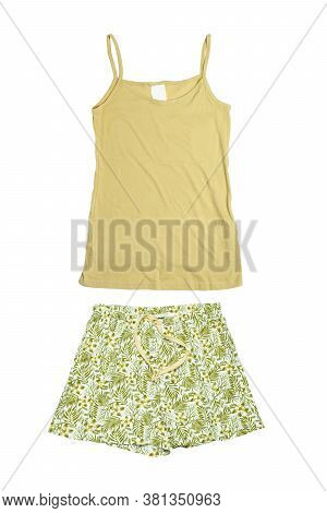 Night Gown Isolated. Close-up Of Green Female Cotton Sexy Nightwear Summer Set Of Shorts And A Top W