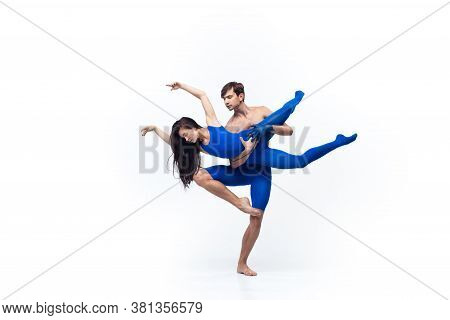 Target. Couple Of Modern Dancers, Art Contemp Dance, Blue And White Combination Of Emotions. Flexibi